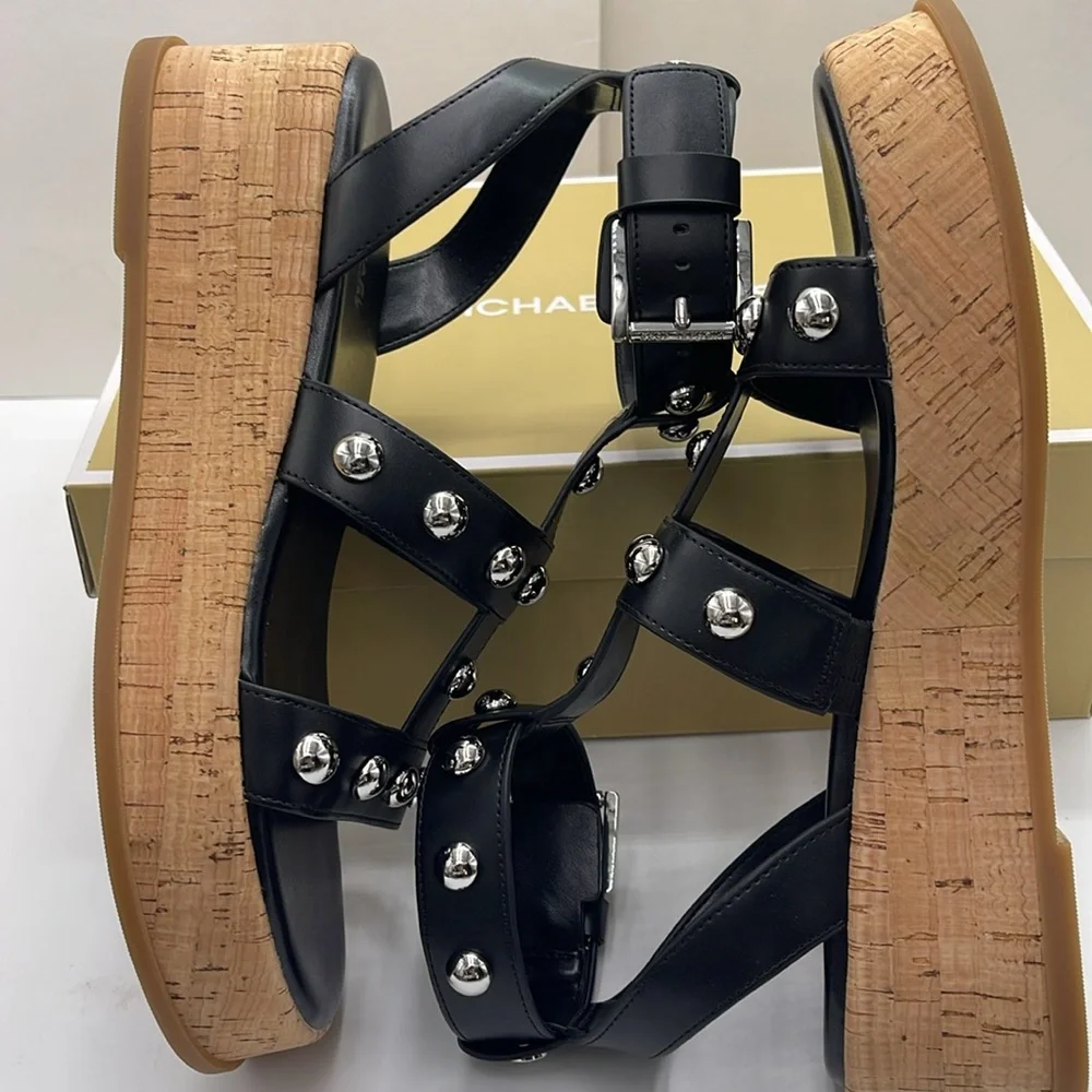 MICHAEL KORS Selah Studded Platform Gladiator Silver Studded Sandal Black  New